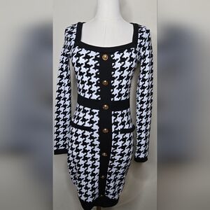 Houndstooth Square neck button fake bodycon dress
